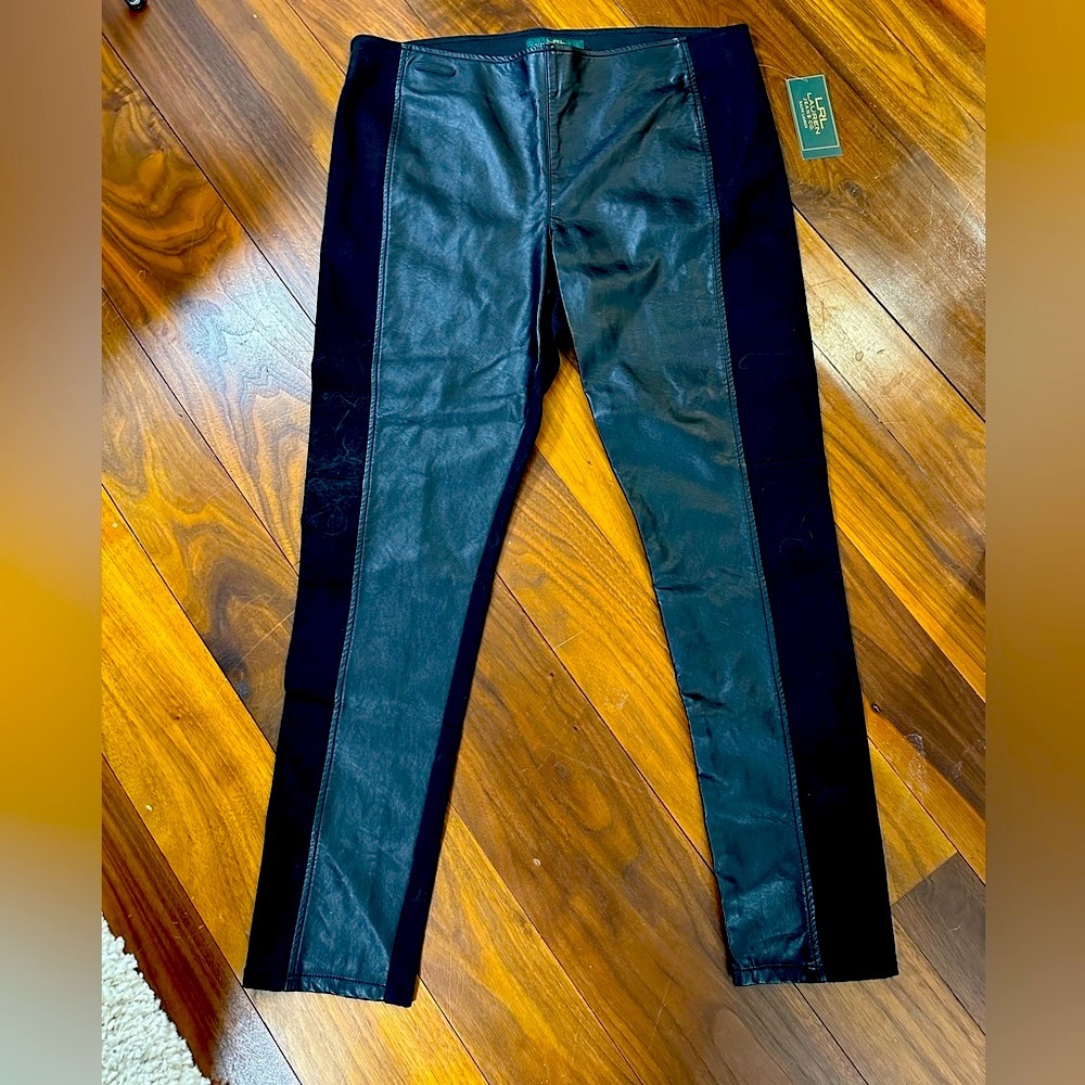 NWT LRL Lauren Jeans Co Ralph Lauren Faux Leather Front Jeans. Black Size 14